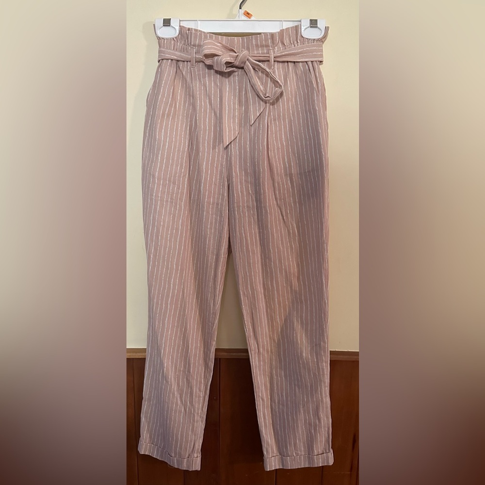 SIENNA SKY size SMALL pink with white pinstripes, cropped, paper bag waist pants